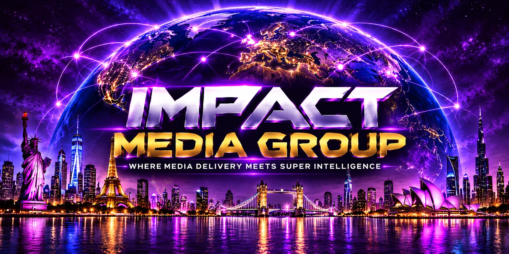 Impact Media Group, where media delivery meets super intelligence: a glowing globe linked by neon broadcast arcs above a night-time skyline of world landmarks, including the Statue of Liberty, the Eiffel Tower, Tower Bridge, the Sydney Opera House and the Burj Khalifa, reflected in the water